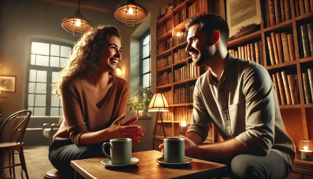 Two people having a deep and joyful conversation showing how they resonate with each other