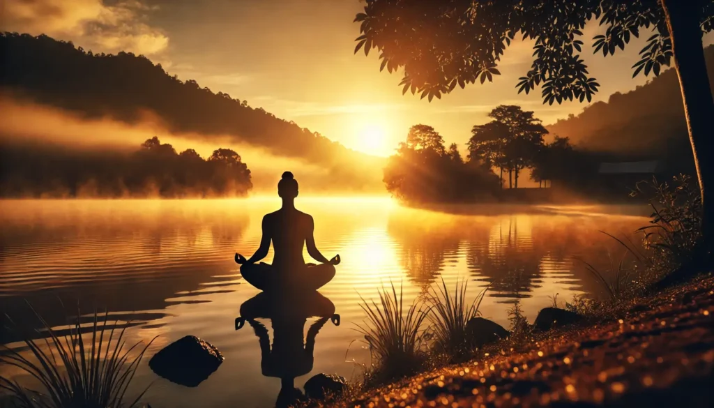 a person sitting cross-legged by a calm lake, deep in thought or meditation. resonates with the nature