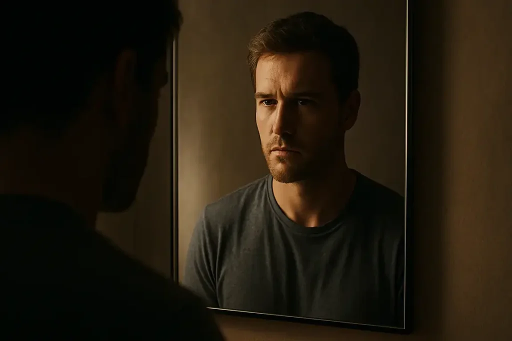 A person standing before a mirror, half in shadow and half in warm light, representing inner healing, self-reflection, and acceptance of Pain as growth