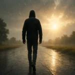 A person walking alone on a rain-soaked path with sunlight breaking through clouds, symbolizing hope and transformation through Pain