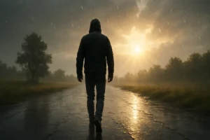 A person walking alone on a rain-soaked path with sunlight breaking through clouds, symbolizing hope and transformation through Pain