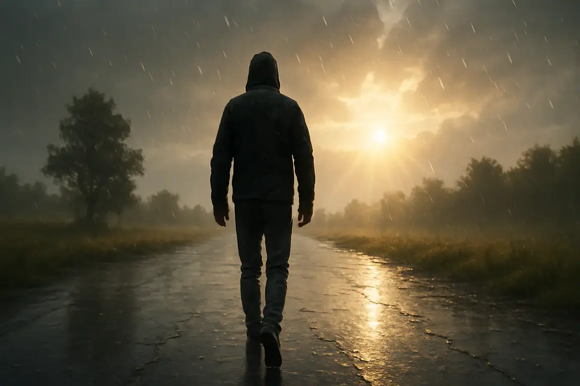 A person walking alone on a rain-soaked path with sunlight breaking through clouds, symbolizing hope and transformation through Pain