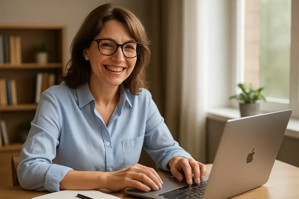 Confident middle-aged woman smiling at her laptop, showing how pain from job loss led to personal and professional growth
