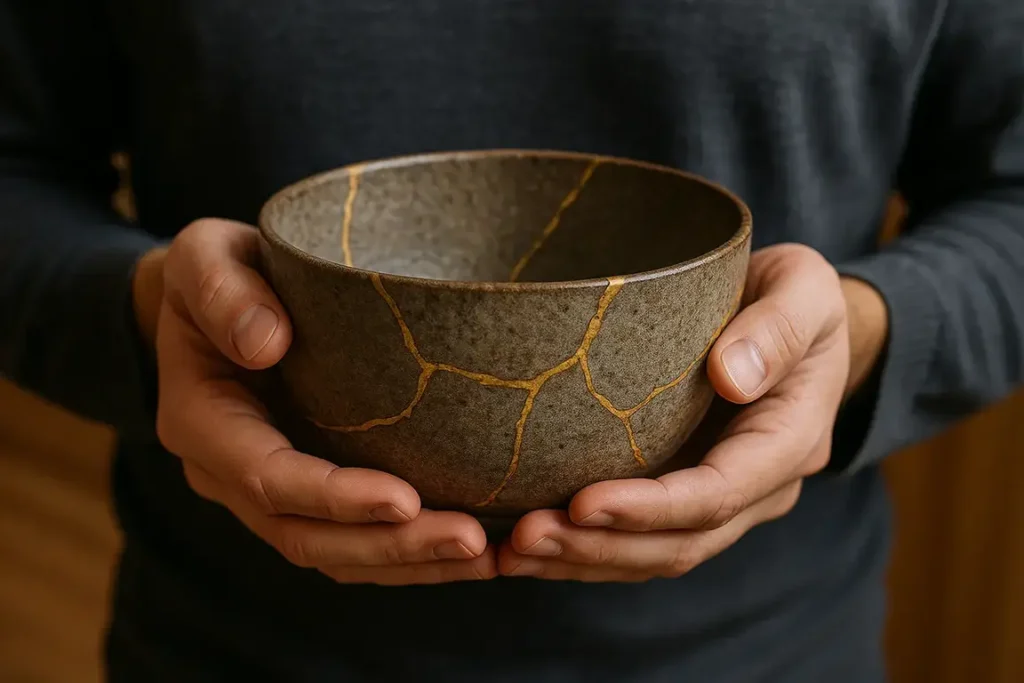 Hands holding a kintsugi bowl mended with gold, symbolizing how pain and brokenness create unique strength and beauty 