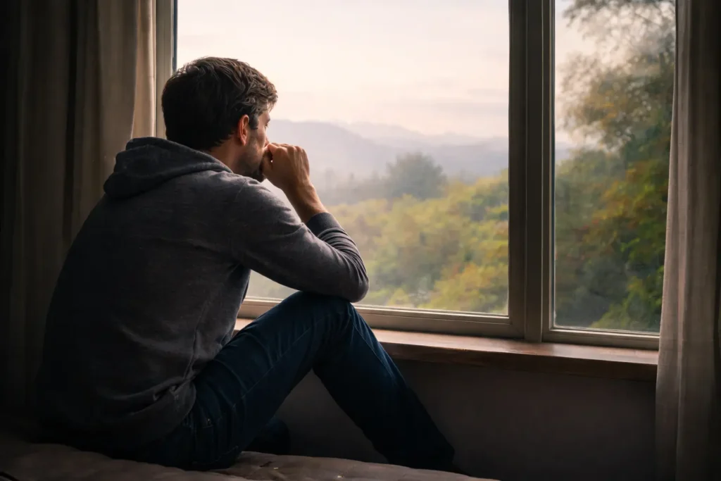 A man reflects quietly by a window, embracing silence