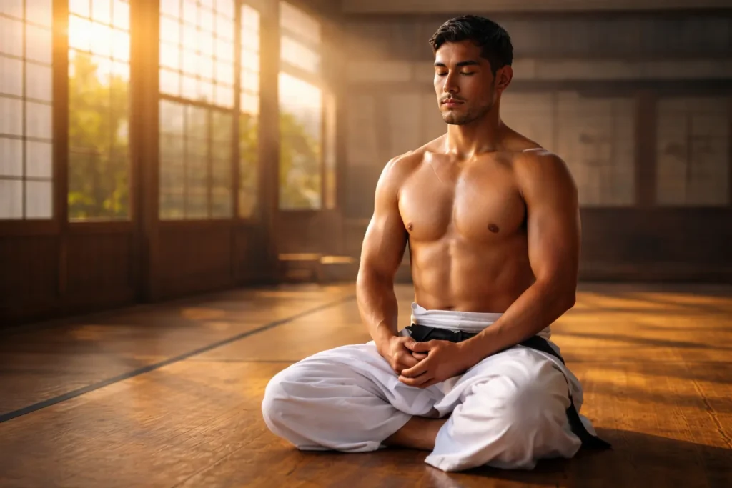 A man sits in deep inner stillness, immersed in silence