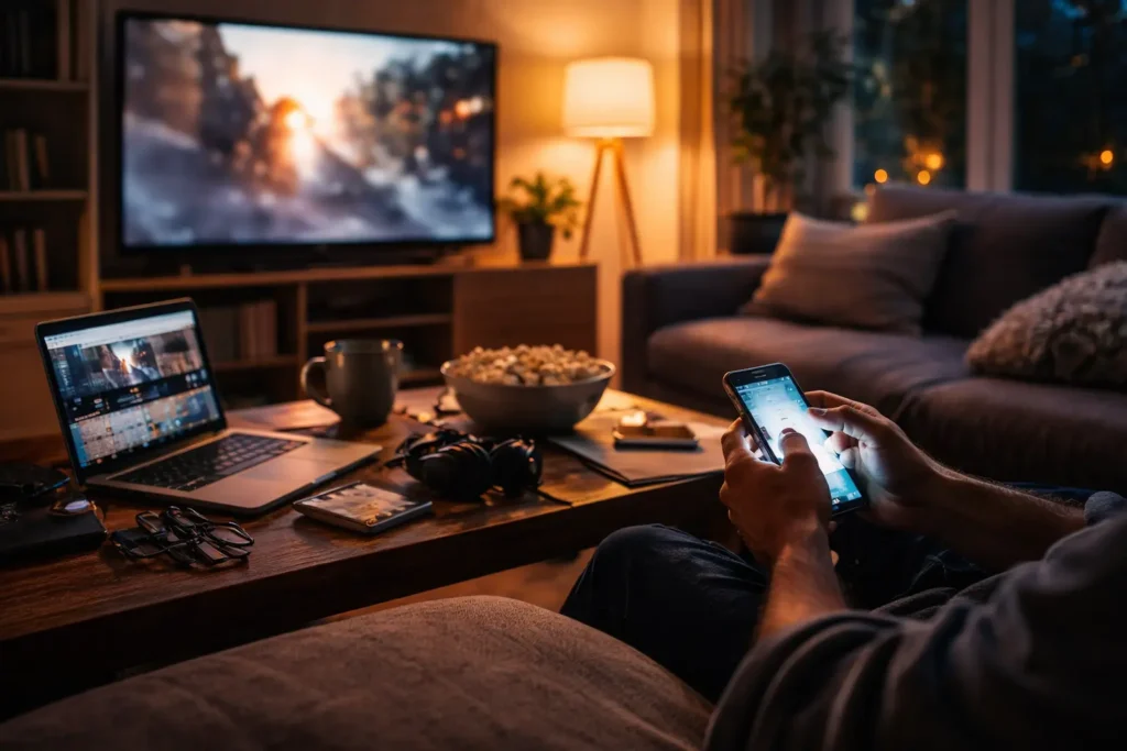 A quiet living room filled with digital noise